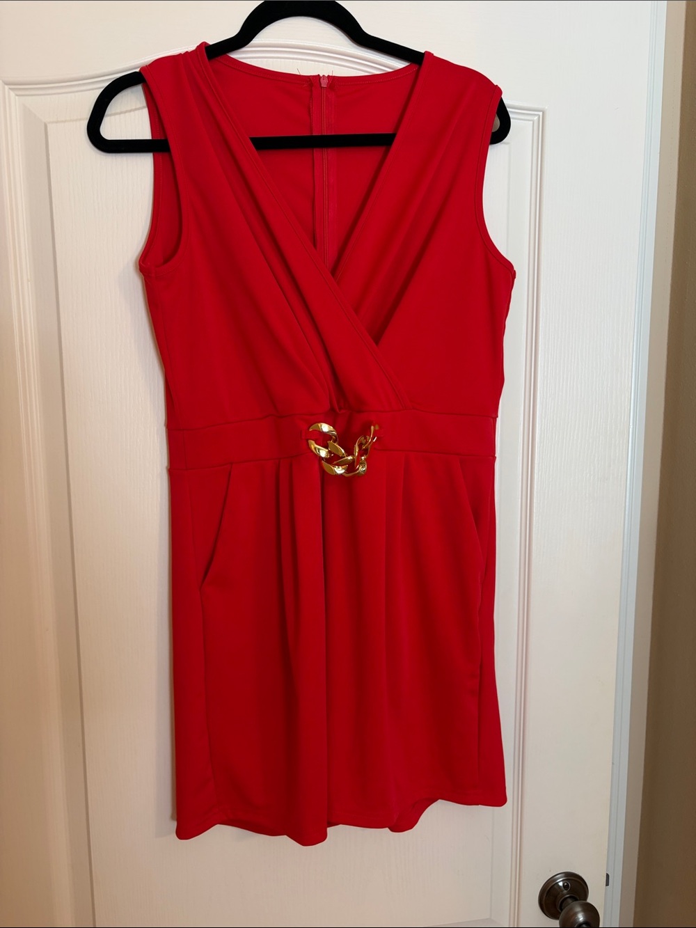Sleeveless V-Neck Red romper with Gold Accent